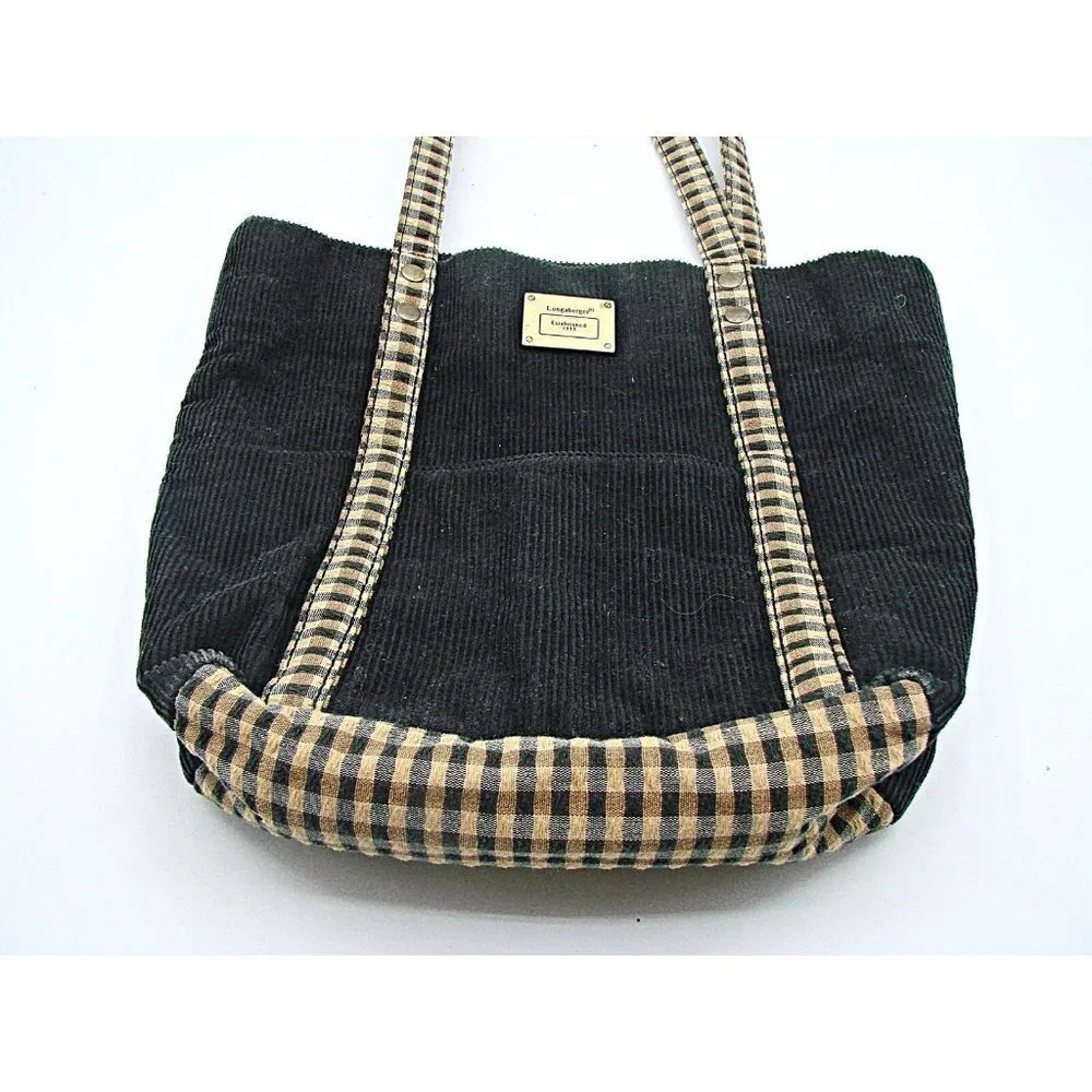 Longaberger Corduroy Plaid Tote Bag Purse Black Tan Khaki Check Homestead 9.5x10